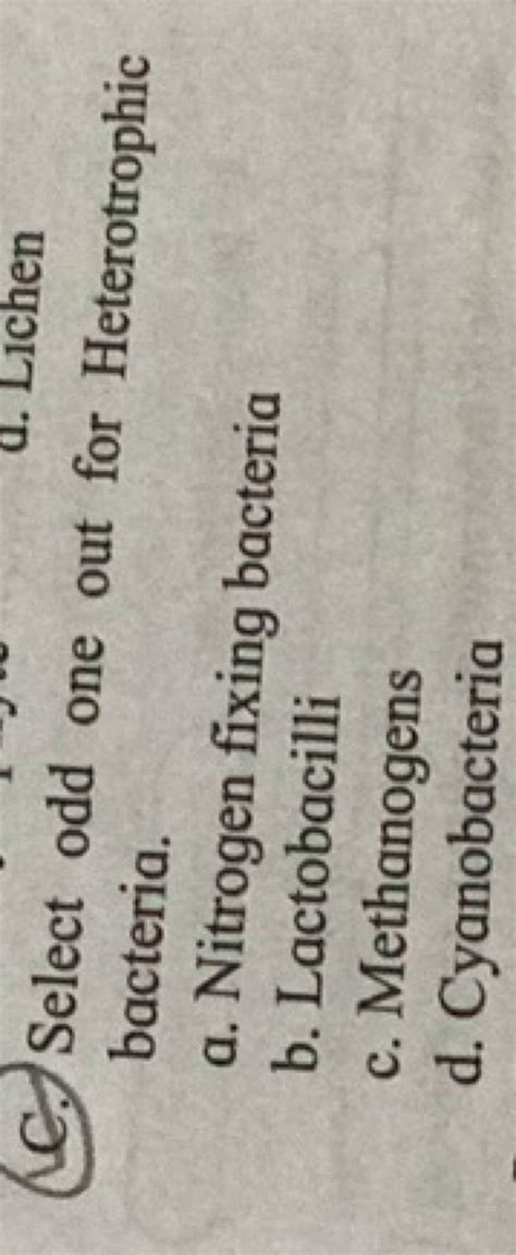 select odd one out for heterotrophic bacteria|Choose the correct option: Select odd one out for Heterotrophic .